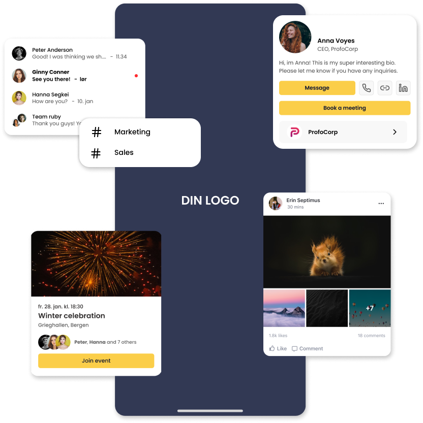 LinkUp-appen med egen logo, brukerprofil, kanaler, et arrangement og et innlegg på nyhetsveggen