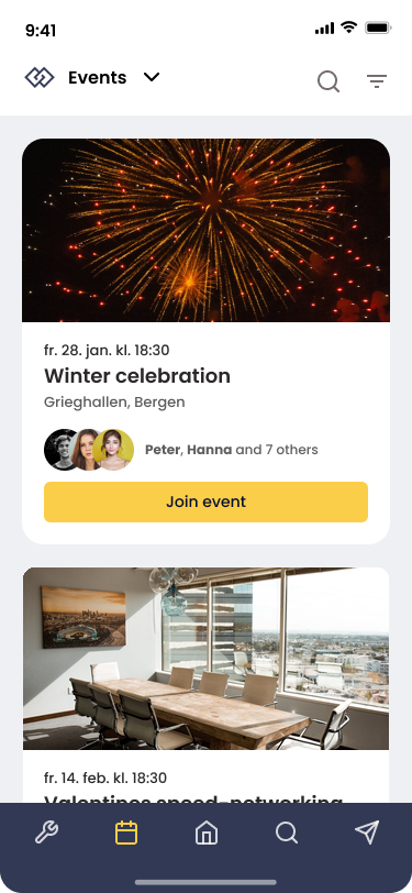Arrangementsoversikt i LinkUp-appen