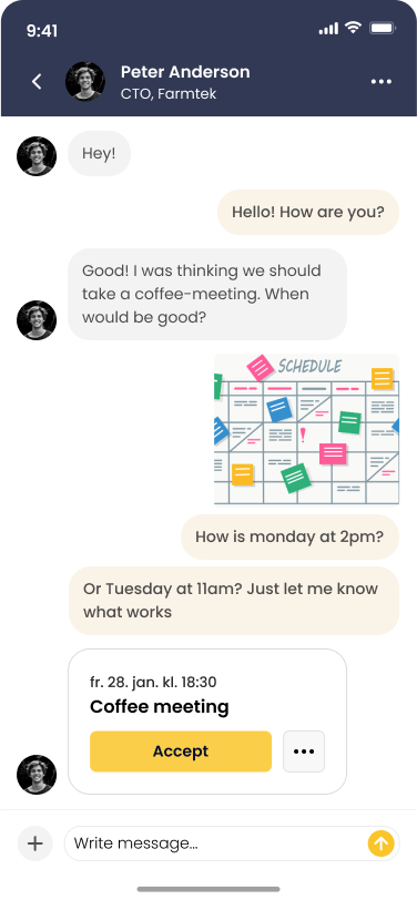 Møtebooking i en samtale i LinkUp-appen